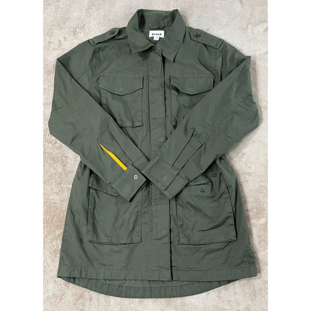 Pact Organic Woven Twill Safari Jacket, Women Size small Olive Green Utility euc